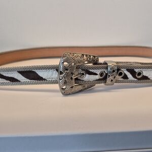 New Pony Hair Zebra Print Belt with Engraved Silver Tone Western Buckle 39"